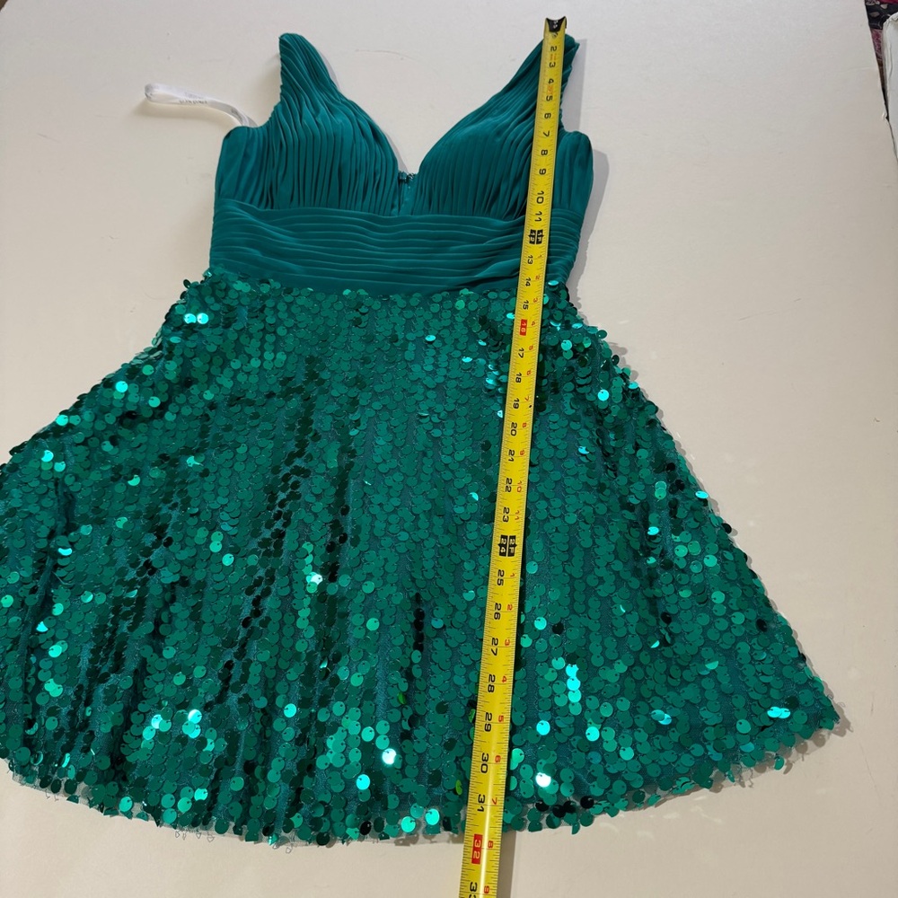 Teal Sequin V-Neck Mini Dress with Pleated Bodice - Picture 5 of 11